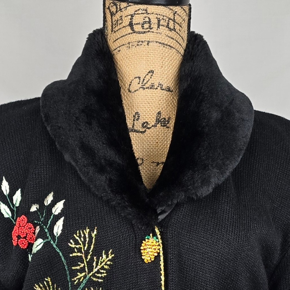 Storybook Knits Black Beaded Floral Cardigan Sweater Coat Faux Fur Trim Medium - Picture 5 of 16